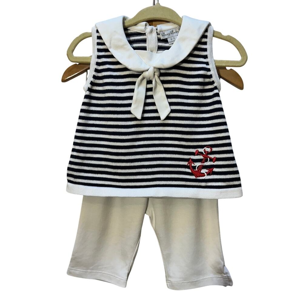 Kissy Kissy Nautical Sailor Outfit Baby 6-9 mos Stripe Anchor Fine Knit Pima EUC